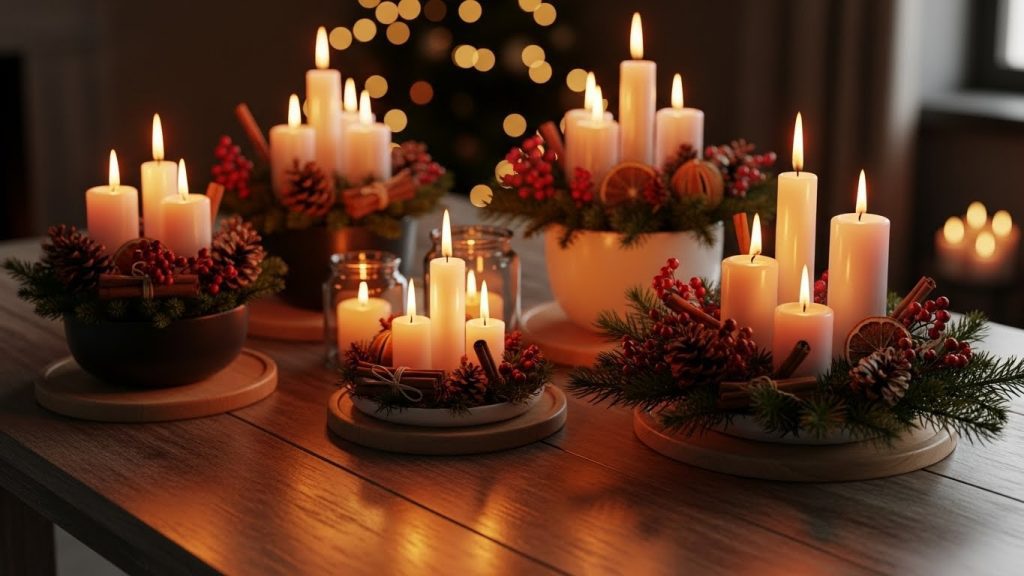 Warm Scandinavian candle display glowing on a wooden table.