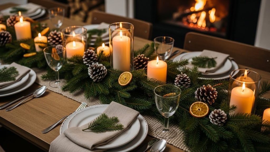 Holiday table with cozy holiday decorations, pine garlands, and candles.
