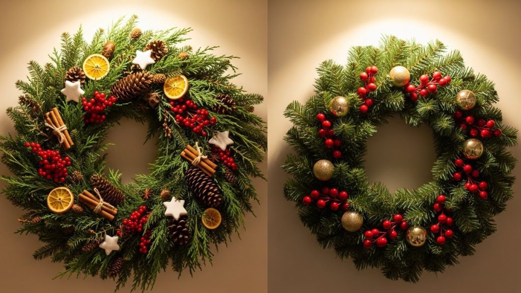 Handmade and store-bought Christmas wreath ideas side by side.