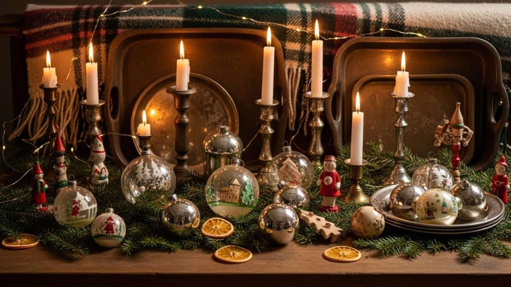 Thrifted vintage ornaments displayed for Christmas.