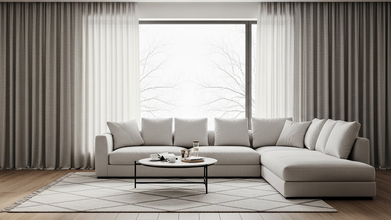 Cozy living room with twinkling Christmas lights and modern indoor decorations.