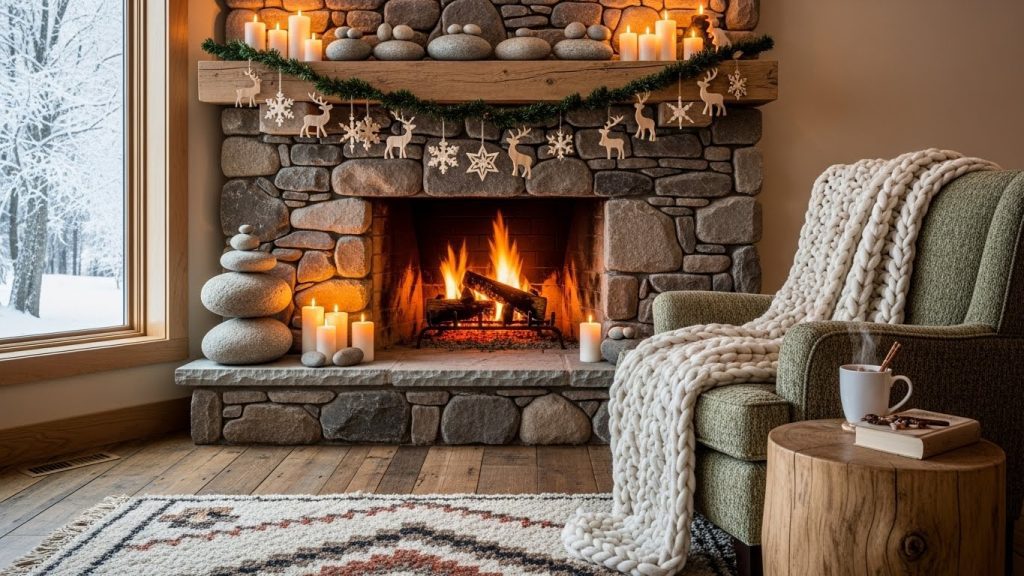 Wooden ornaments and natural textures in a rustic holiday room.
