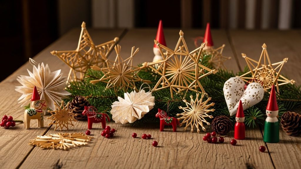 Handmade Nordic Christmas ornaments made of straw, paper, and wood.