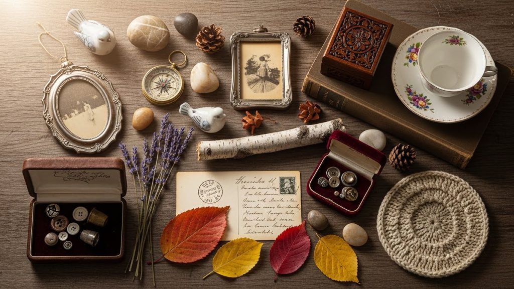 Old ornaments mixed with natural holiday decor.