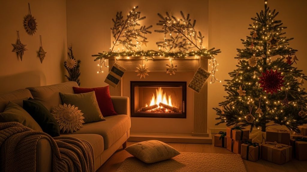 Cozy living room with simple Christmas decorations.