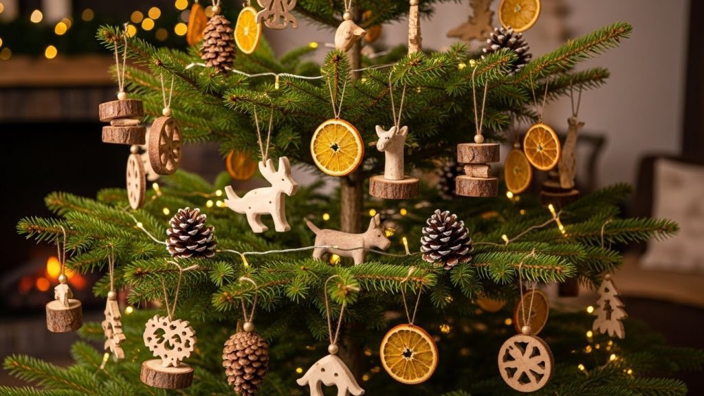 Rustic Christmas tree with wood ornaments and dried oranges.