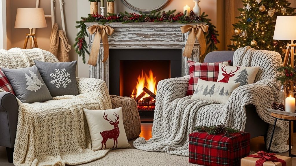 Chunky blankets, soft pillows, and burlap ribbons in rustic decor.
