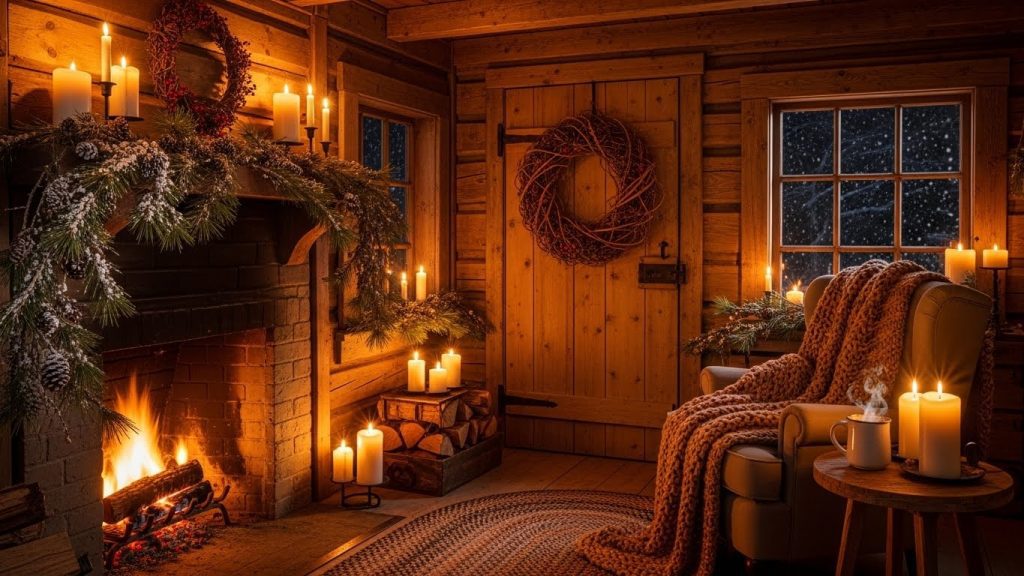 Cozy rustic cabin decorated with greenery and candles.