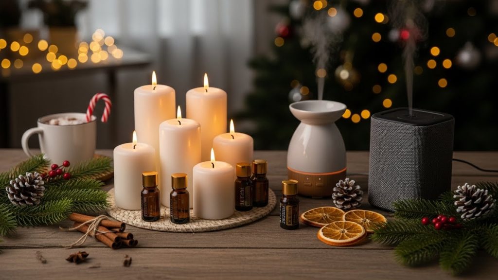 Candles and scents with cozy holiday decorations creating a festive atmosphere.