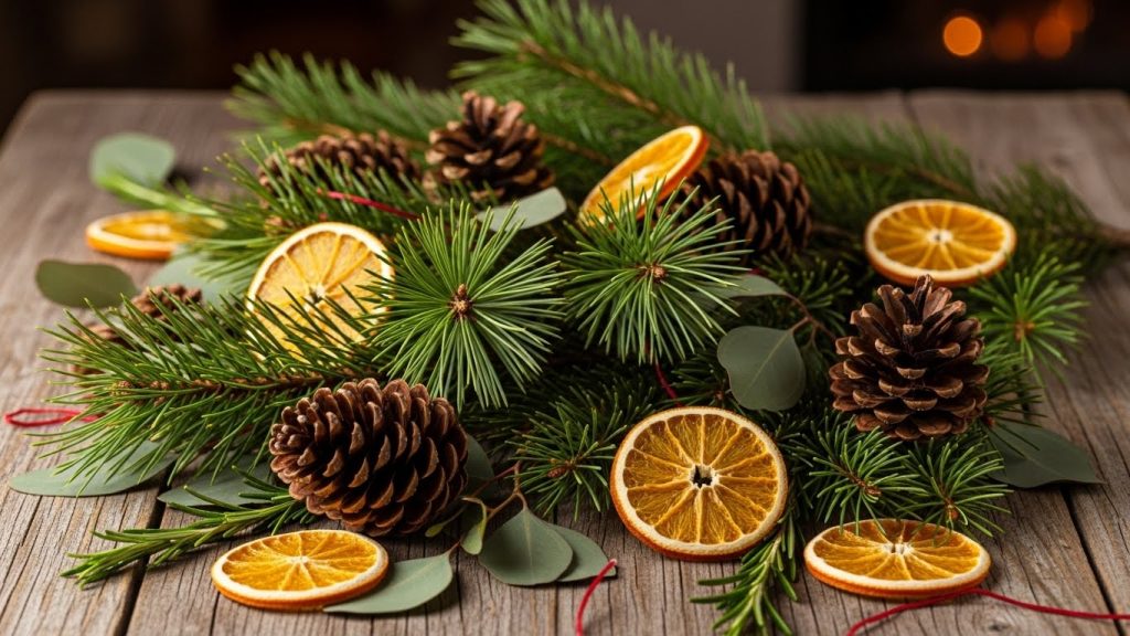 Pine branches, dried oranges, and rustic greenery on a wooden table.