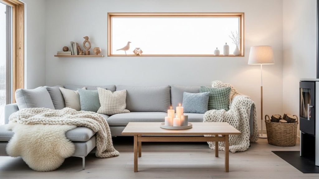 Minimalist Scandinavian interior with white walls, wooden furniture, and winter candles.