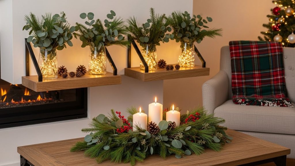 Christmas-themed fireplace with garlands, stockings, and candles.