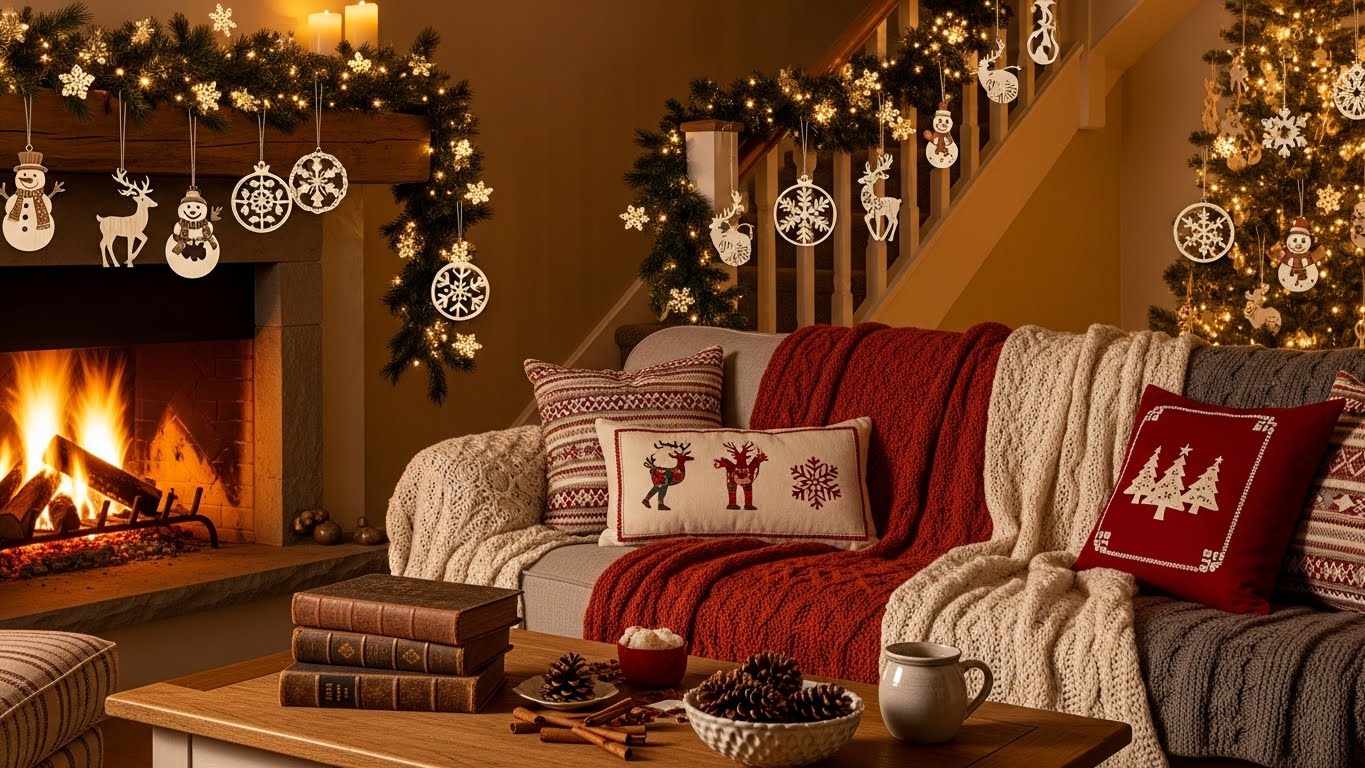 Cozy holiday decorations in a warm living room with lights and garlands.