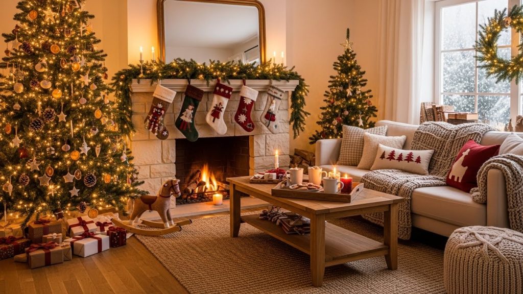Fully decorated living room with cozy holiday decorations, tree, and lights.