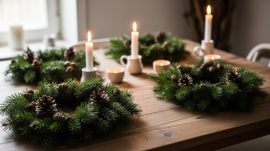 Pine branches and simple Nordic greenery styled in a cozy winter home.