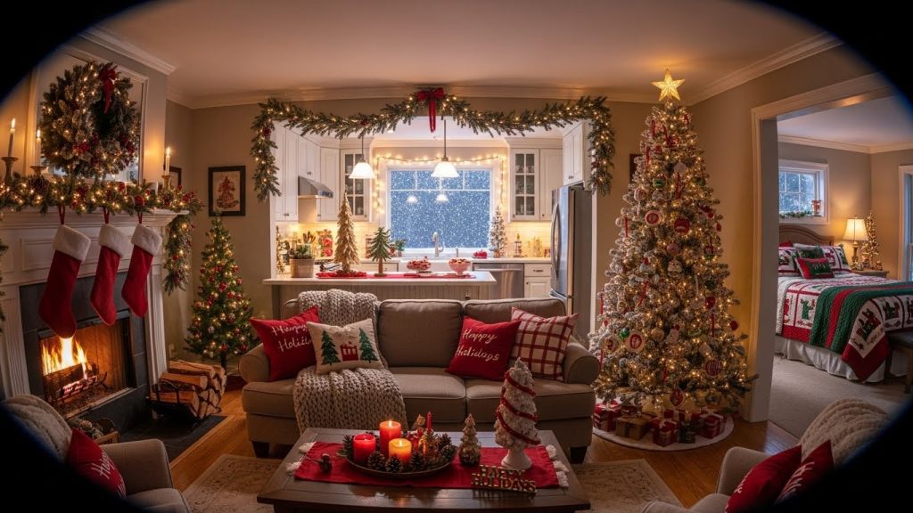 Home interior with cozy holiday decorations in living room, kitchen, and bedroom.