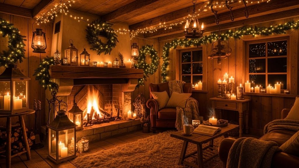 Lanterns and warm fairy lights glowing in a rustic room.
