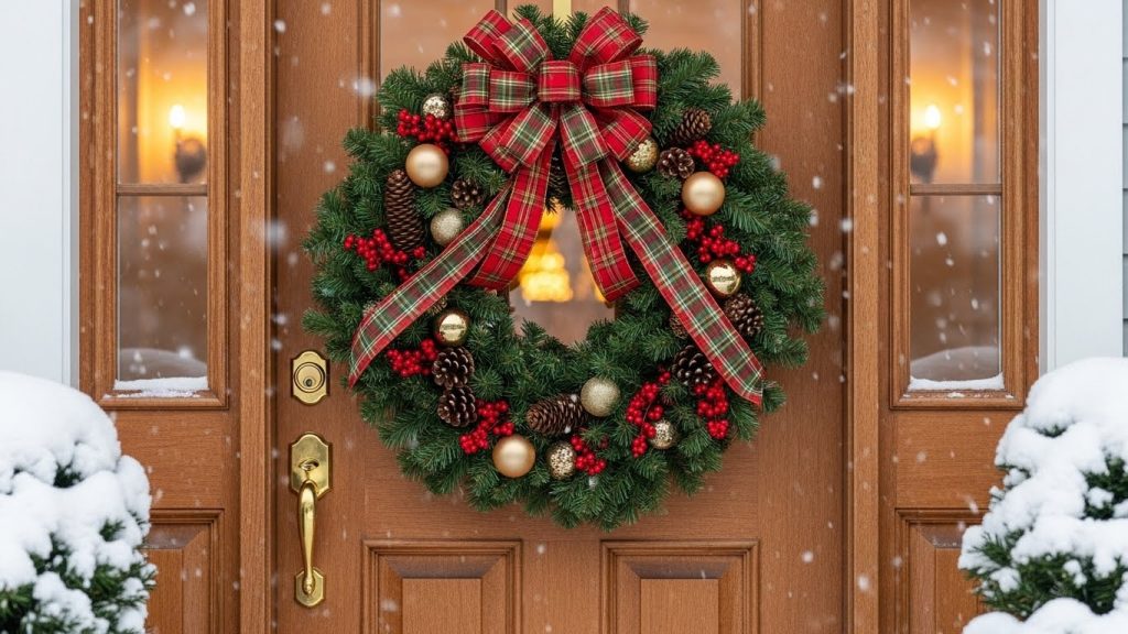 Festive Christmas wreath ideas with red berries and plaid ribbon.