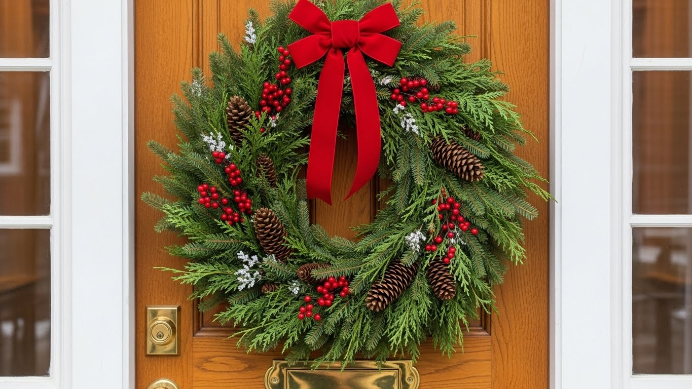 Christmas wreath ideas on front door with pinecones and ribbon.