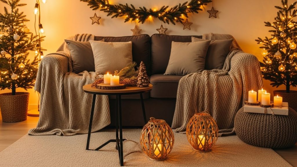 Cozy holiday decorations in a warm living room with lights and garlands.