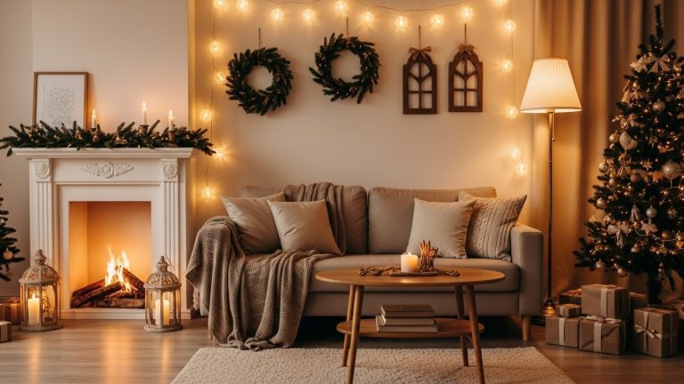 Cozy Christmas living room with warm lighting and decorated holiday walls.