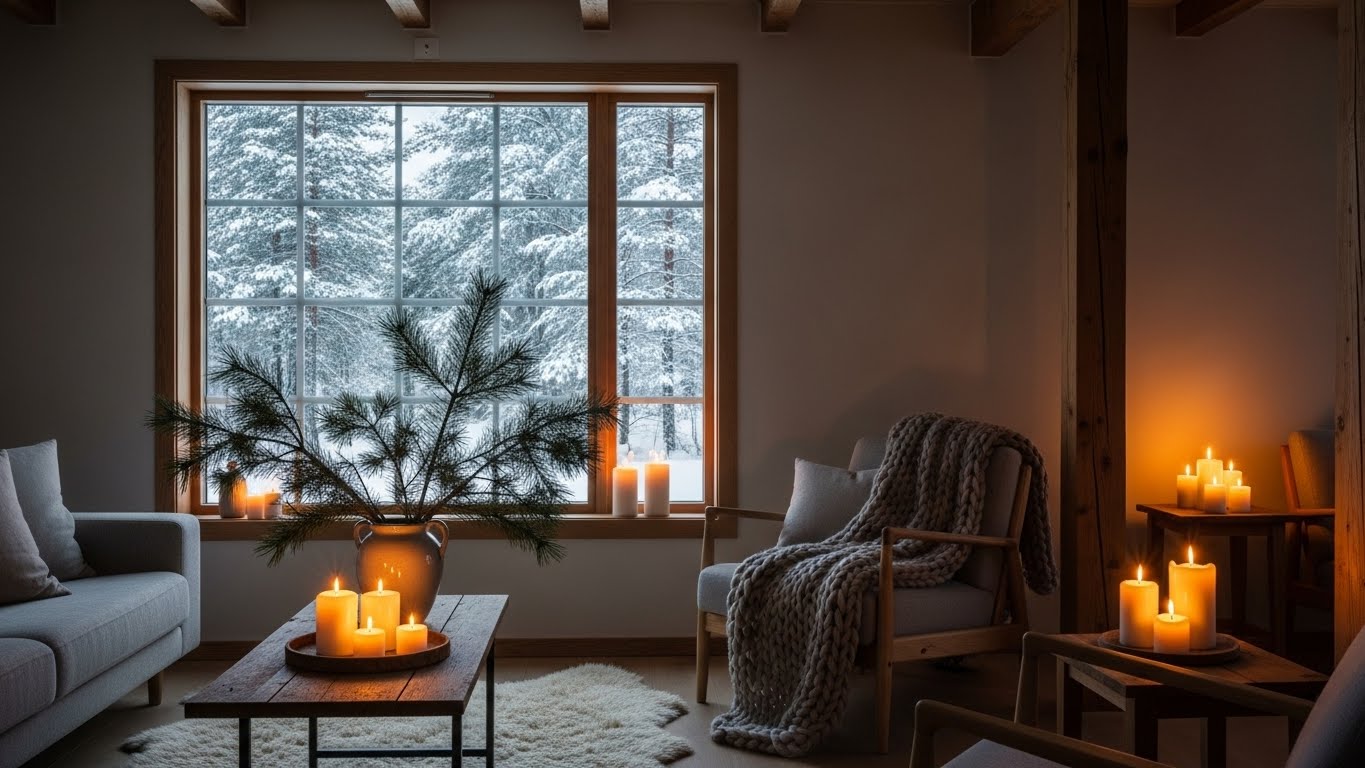 Cozy Scandinavian living room decorated with candles and natural greenery.
