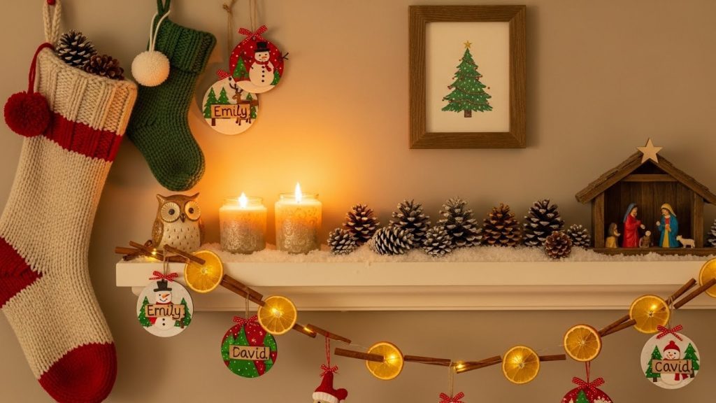 Mantel with cozy holiday decorations, handmade ornaments, and stockings.