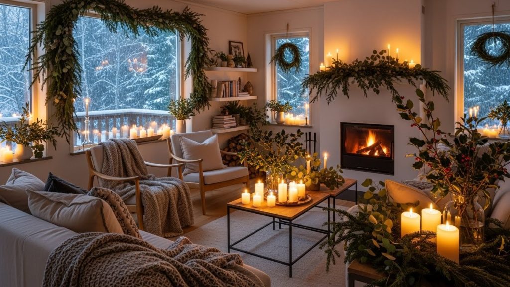 Scandinavian home glowing with candles and greenery during winter snowfall.