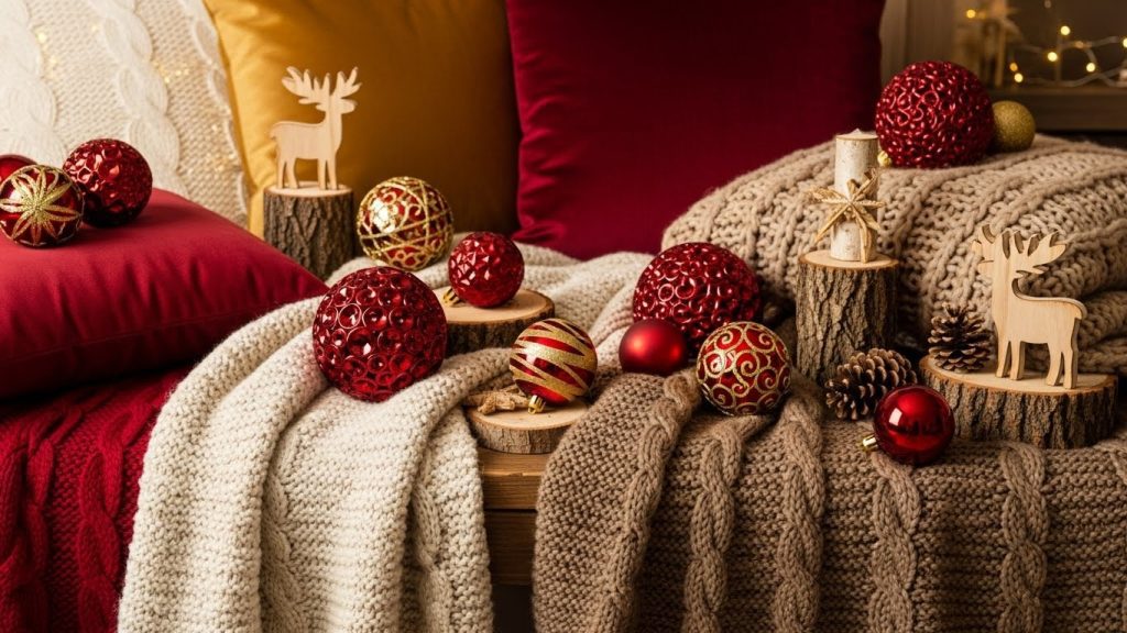 Festive corner with cozy holiday decorations, red and gold ornaments, and soft textures.