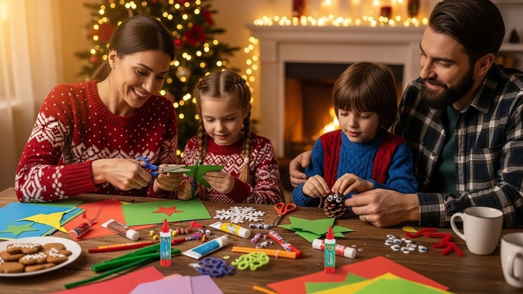 Family making simple Christmas crafts together.