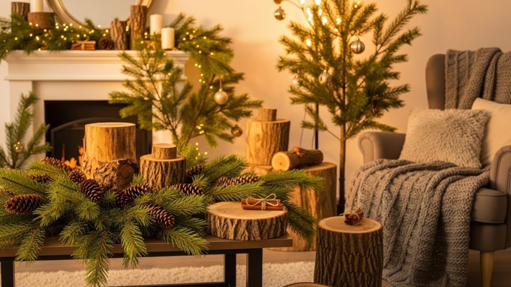 Pine branches and pinecones styled as natural holiday decor.