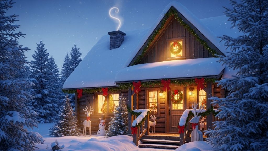 Peaceful rustic home glowing with warm lights during winter.