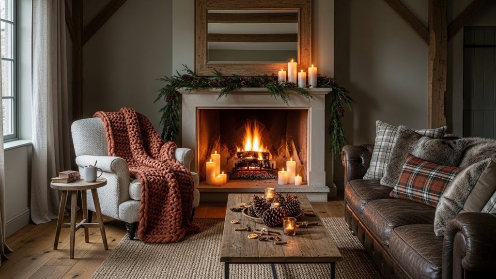 Rustic holiday room with candles, greenery, and warm textures.