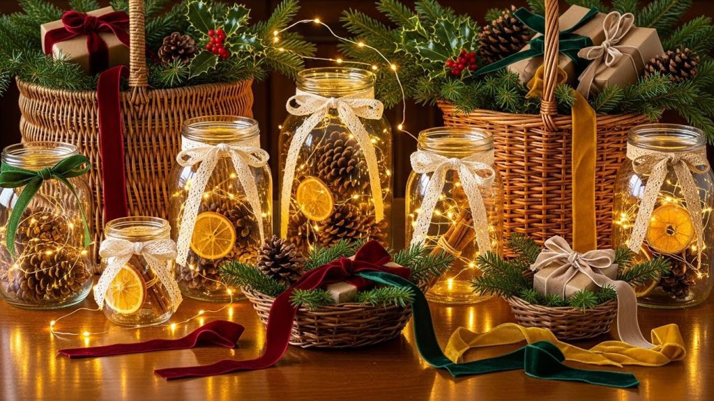 Repurposed household items used as Christmas decor.