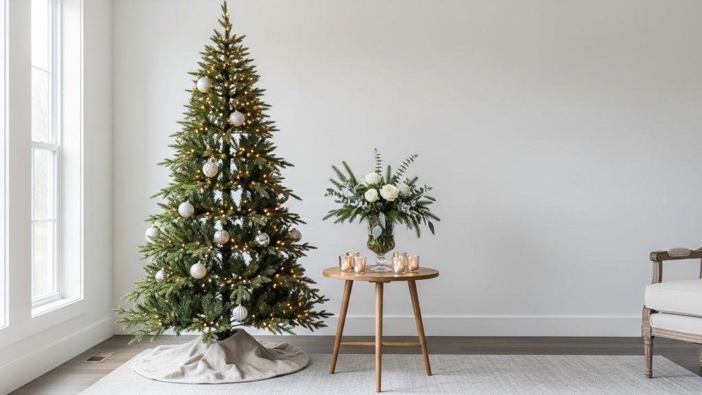 Simple room with a single decorated Christmas tree.
