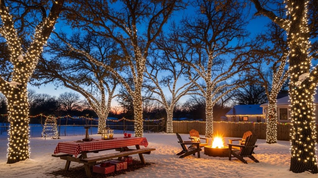  Outdoor garden with Christmas lights wrapped around trees and bushes at night.