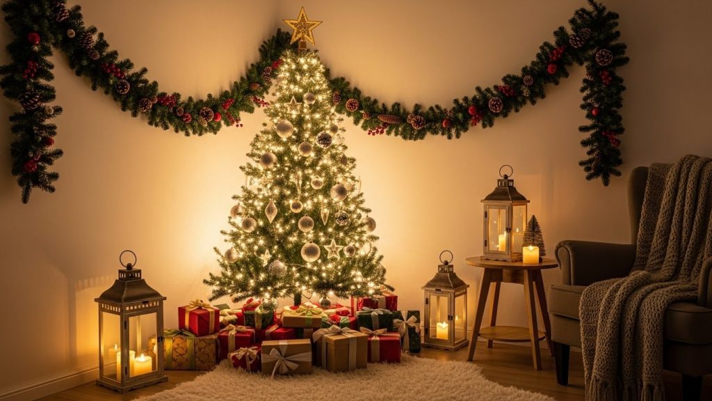 Small themed Christmas tree decorated in a cozy corner.