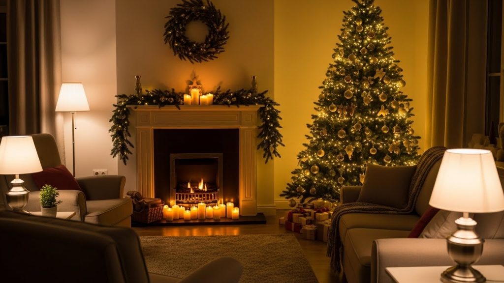 Living room with cozy holiday decorations and warm white fairy lights.