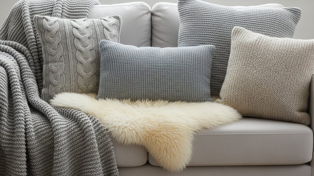 Wool blankets, knit pillows, and sheepskin throws arranged in a Scandinavian home.