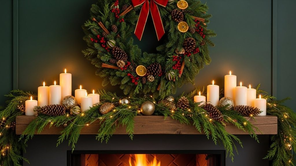 Christmas wreath ideas above mantel with candles.