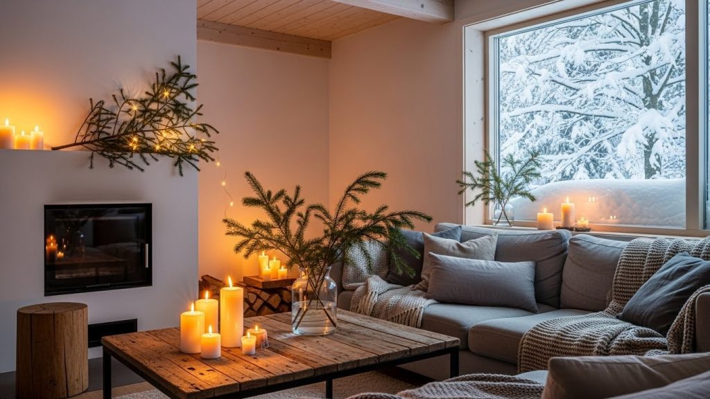 Cozy Scandinavian living room decorated with candles and natural greenery.