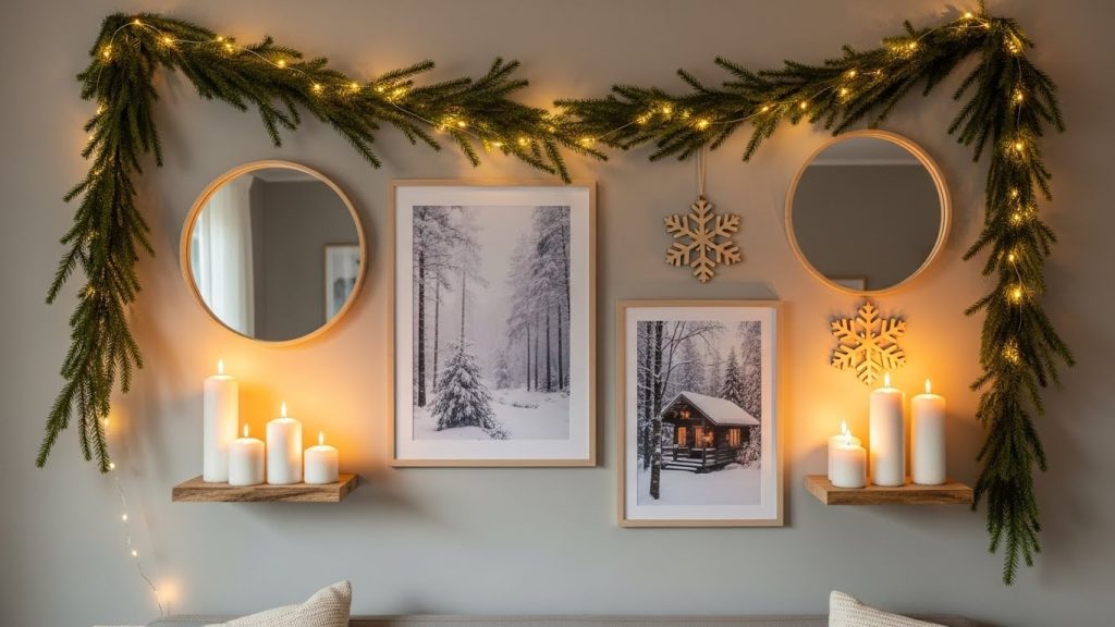 Aesthetic Christmas wall styling with garlands, framed prints, and candles.