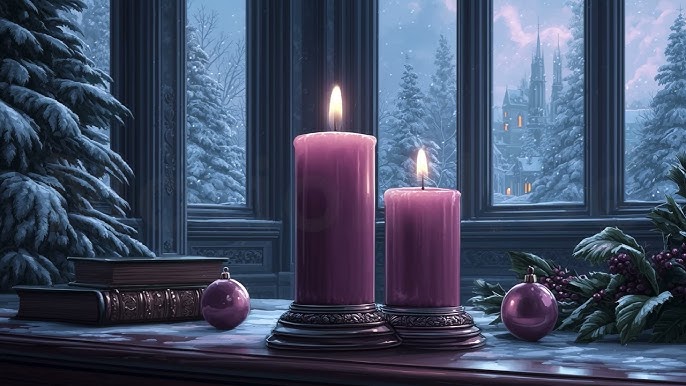 Peaceful winter evening with glowing candles.
