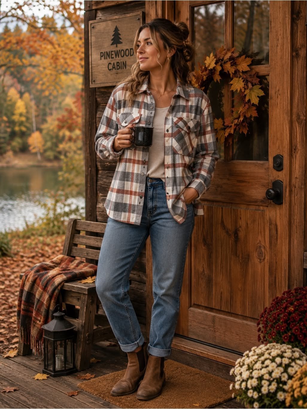 1. Flannel Shirt + High-Waisted Jeans