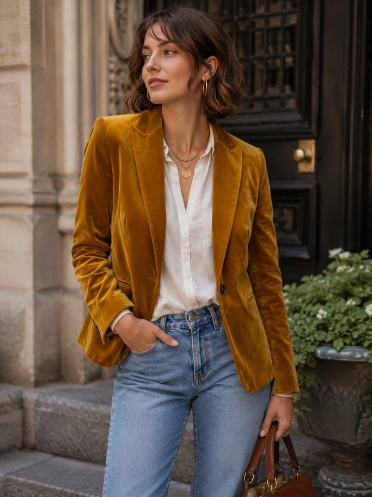 Woman wearing a brown corduroy blazer and matching corduroy trousers for a retro fall look